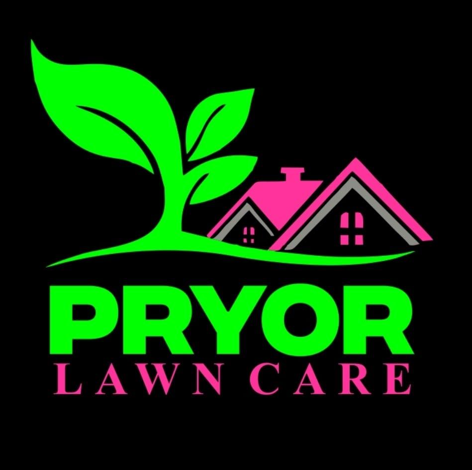 Pryor Lawn Care logo featuring neon green leaf and pink house icon, lawn mowing and yard maintenance service in Casino NSW.