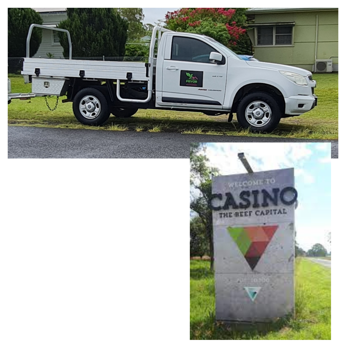 Pryor Lawn Care service ute in Casino NSW, representing reliable local lawn mowing and property maintenance.