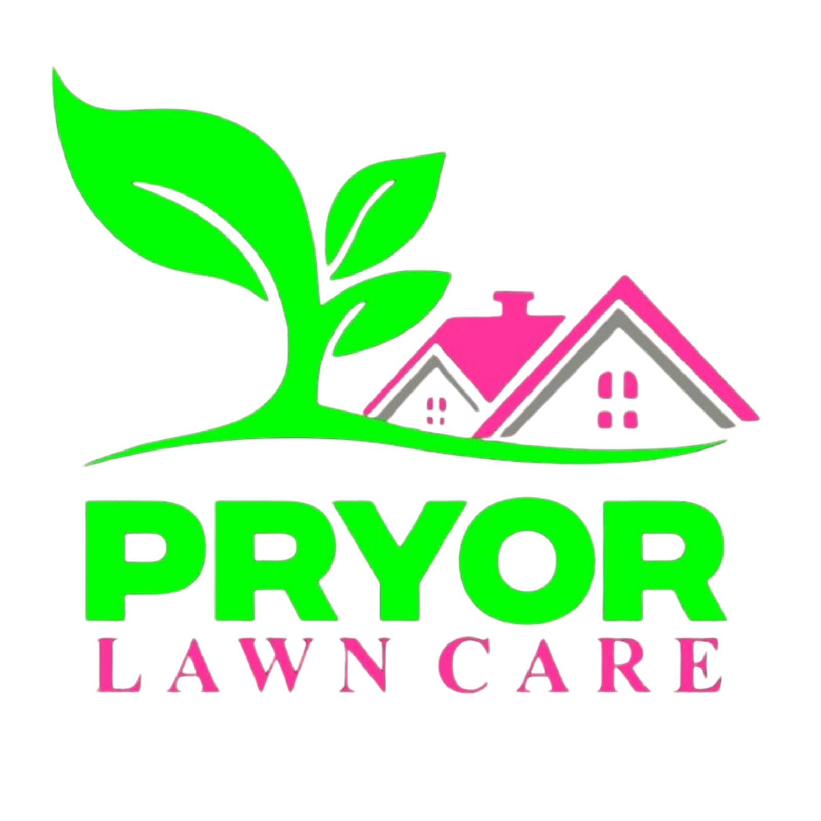 Pryor Lawn Care logo featuring a bright green tree, two houses with pink roofs, and green and pink lettering on a transparent background.